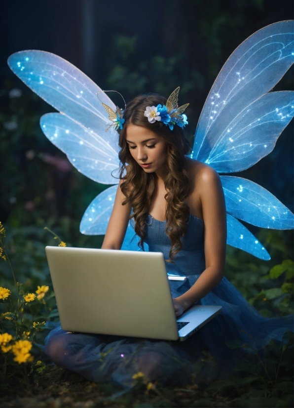 Hairstyle, Mythical Creature, Blue, Natural Environment, Laptop, Flash Photography