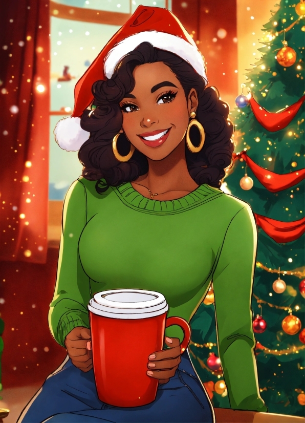 Head, Facial Expression, Smile, Christmas Tree, Green, Drinkware