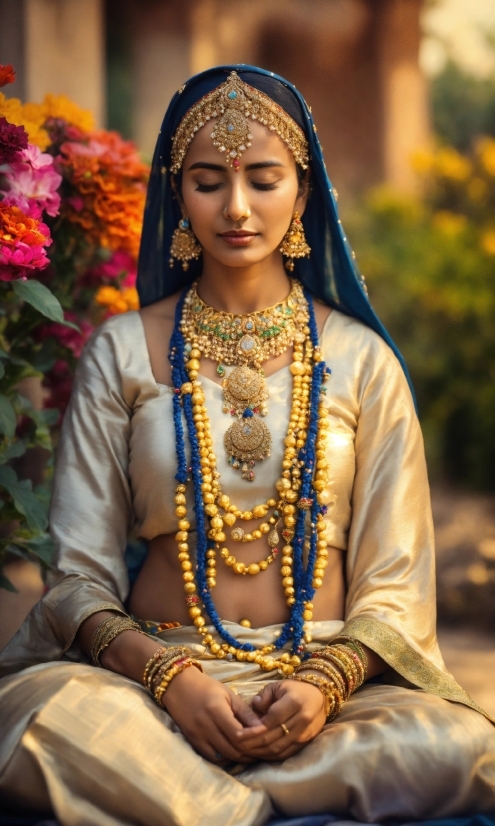Head, Human Body, Dress, Temple, Yellow, Necklace