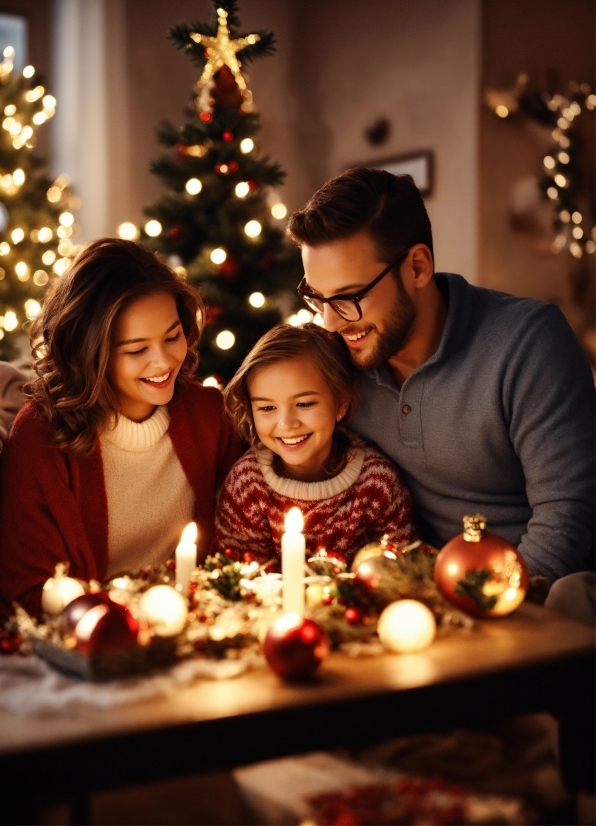 Head, Smile, Christmas Tree, Candle, Photograph, Table