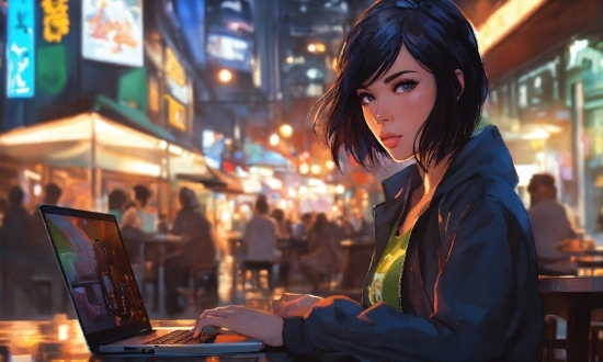 Laptop, Human, Computer, Lighting, Black Hair, City