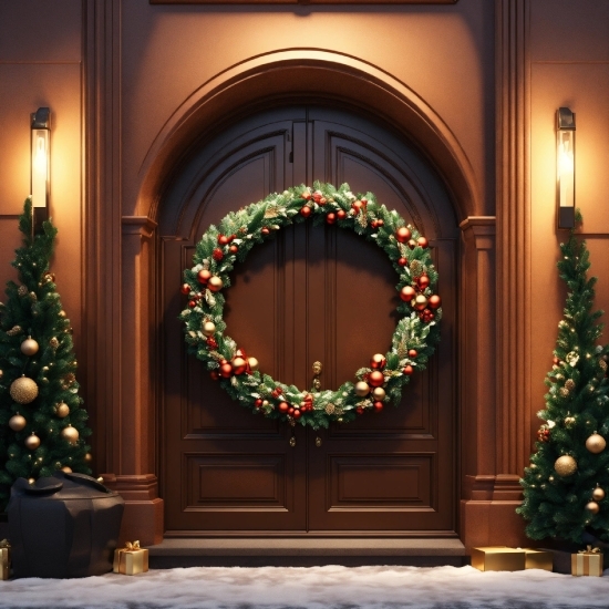 Light, Christmas Ornament, Christmas Tree, Interior Design, Wood, Wreath