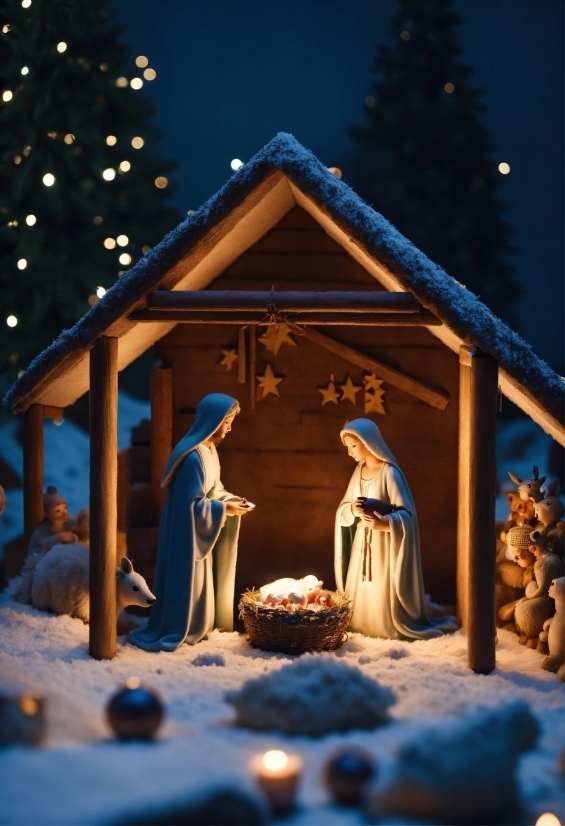 Light, Nativity Scene, Wood, Tree, Christmas Decoration, Freezing