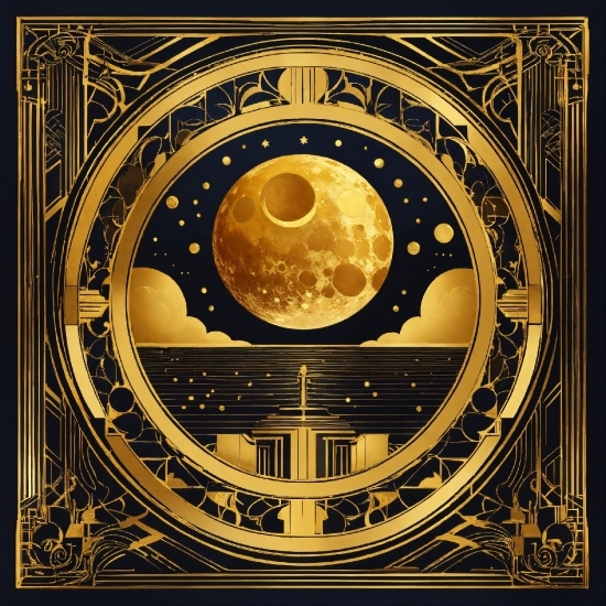 Moon, Gold, Font, Art, Astronomical Object, Circle