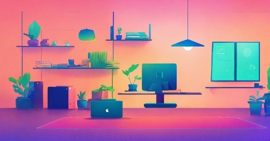 Orange, Purple, Interior Design, Computer, Lamp, Art