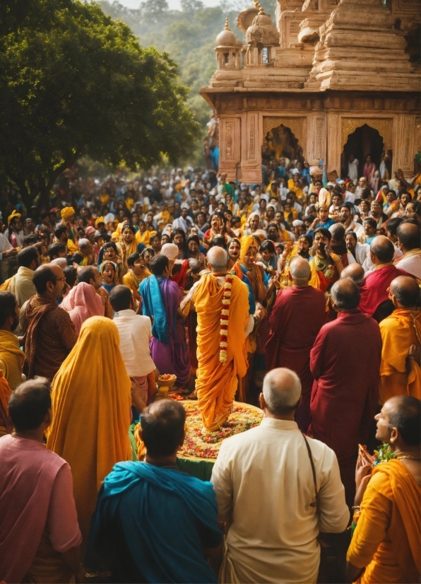 Outerwear, Temple, Pray, Yellow, Crowd, Tree