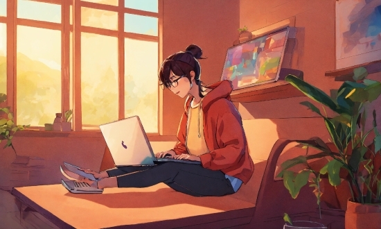 Personal Computer, Computer, Laptop, Plant, Window, Cartoon