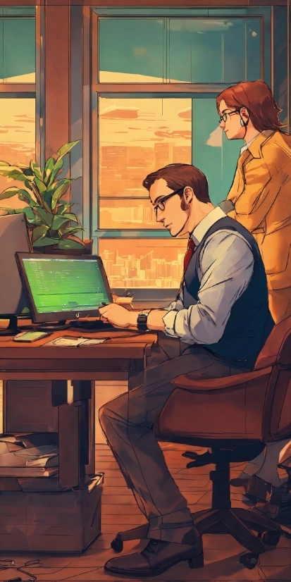 Personal Computer, Table, Computer, Plant, Houseplant, Cartoon
