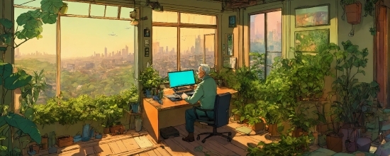 Plant, Building, Furniture, Computer Monitor, Computer, Window