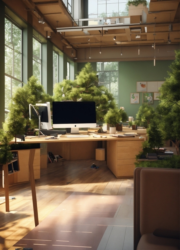 Plant, Building, Table, Window, Personal Computer, Computer Desk