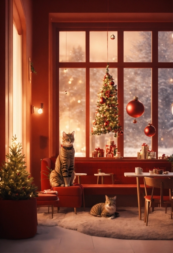 Plant, Cat, Christmas Tree, Window, Furniture, Light