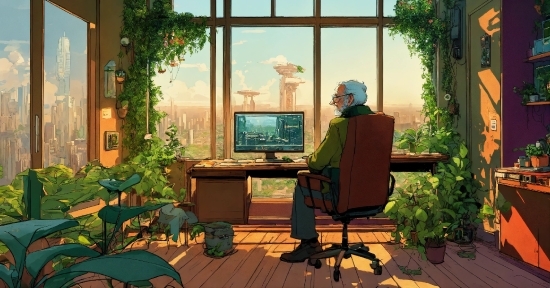 Plant, Furniture, Building, Computer, Personal Computer, Table