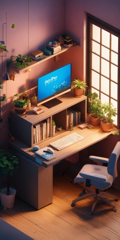 Plant, Furniture, Property, Houseplant, Blue, Computer Desk