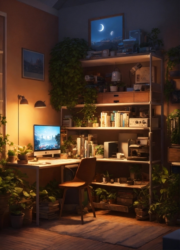 Plant, Furniture, Table, Bookcase, Shelf, Houseplant