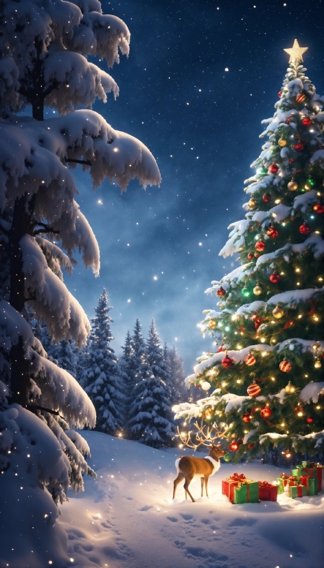 Plant, Sky, Christmas Tree, Snow, Photograph, Dog
