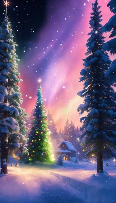 Plant, Sky, Snow, Christmas Tree, Light, Blue