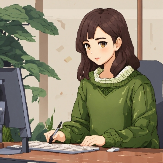 Plant, Sleeve, Cartoon, Computer Keyboard, Black Hair, Peripheral