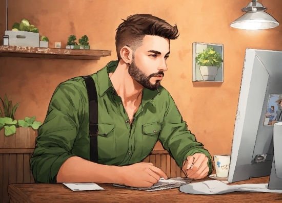 Plant, Table, Beard, Computer Monitor, Computer Keyboard, Output Device