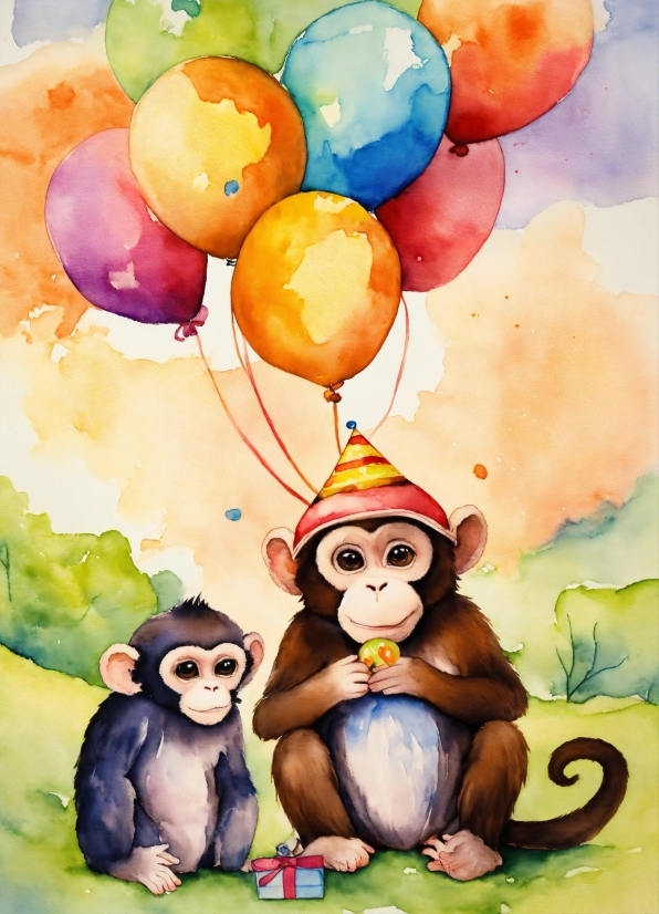 Primate, Happy, Cartoon, Organism, Balloon, Art