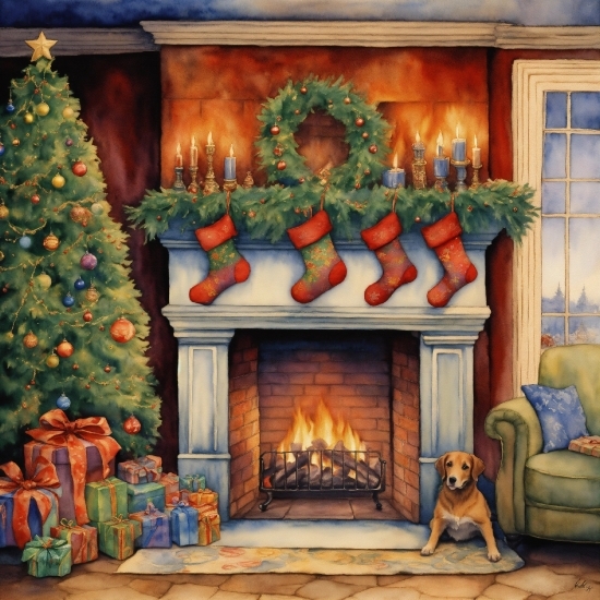 Property, Christmas Tree, Dog, Hearth, Wood, Orange