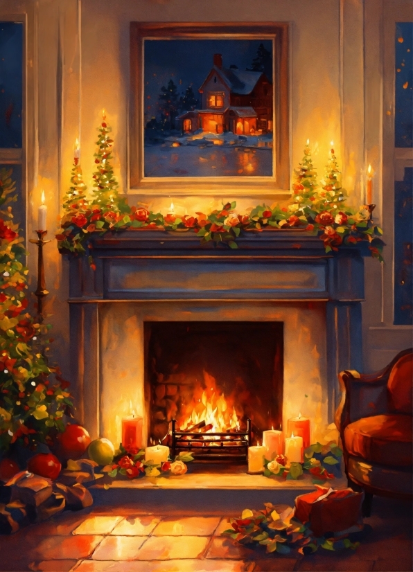 Property, Christmas Tree, Orange, Interior Design, Hearth, Living Room