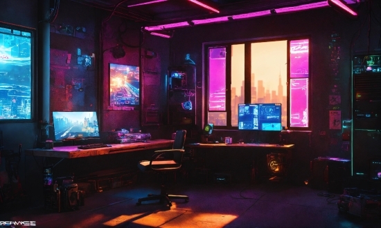 Purple, Computer, Entertainment, Lighting, Building, Table