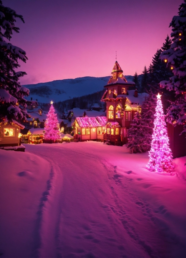 Sky, Christmas Tree, Light, Purple, Tree, Snow