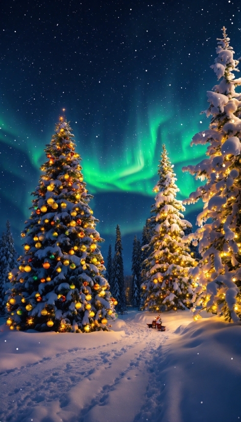 Sky, Christmas Tree, Plant, Snow, Photograph, Light