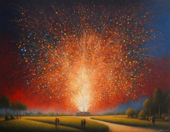 Sky, Fireworks, Atmospheric Phenomenon, Natural Landscape, Tree, Plant