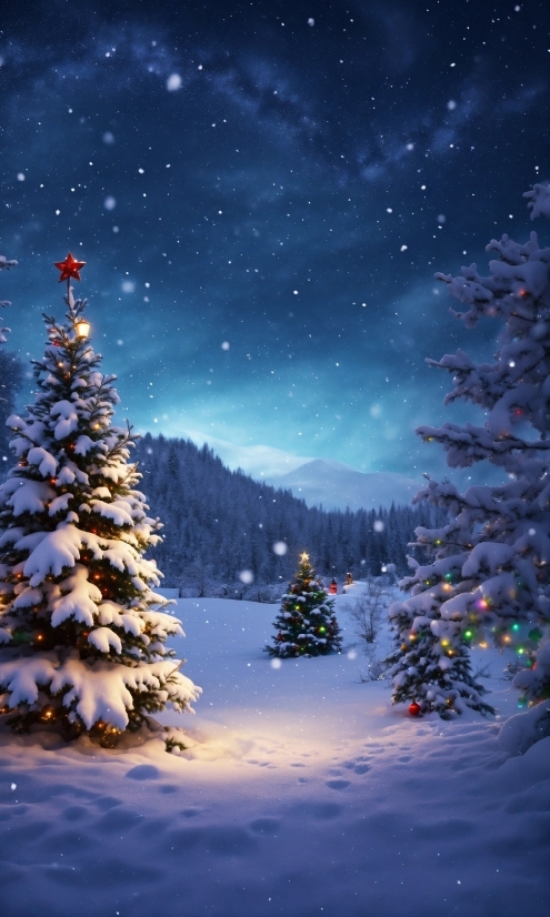 Sky, Plant, Snow, Christmas Tree, World, Light