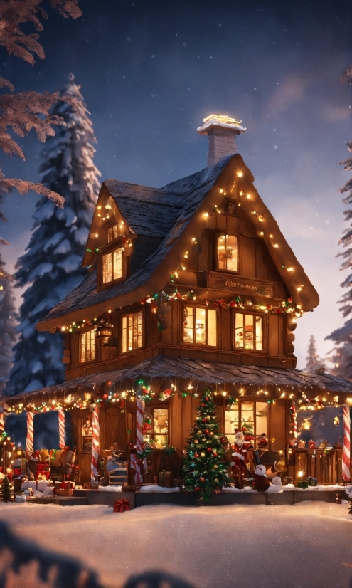 Sky, Snow, Christmas Tree, Building, Light, Nature