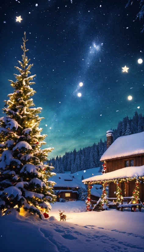 Sky, Snow, Christmas Tree, Plant, Light, Building