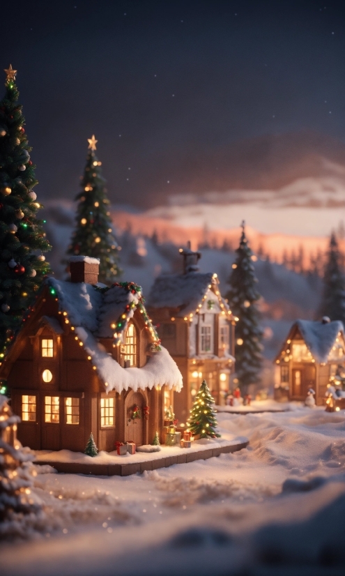 Sky, Snow, Window, Christmas Tree, Light, Building