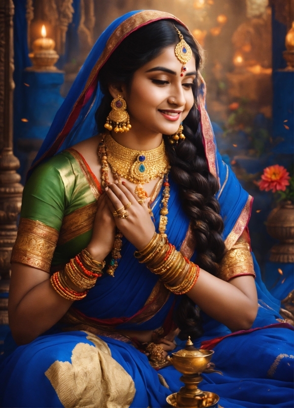 Smile, Blue, Sari, Flash Photography, Temple, Bangle