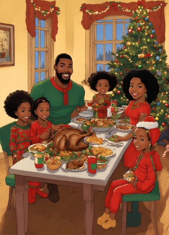 Smile, Christmas Tree, Table, Food, Sharing, Window