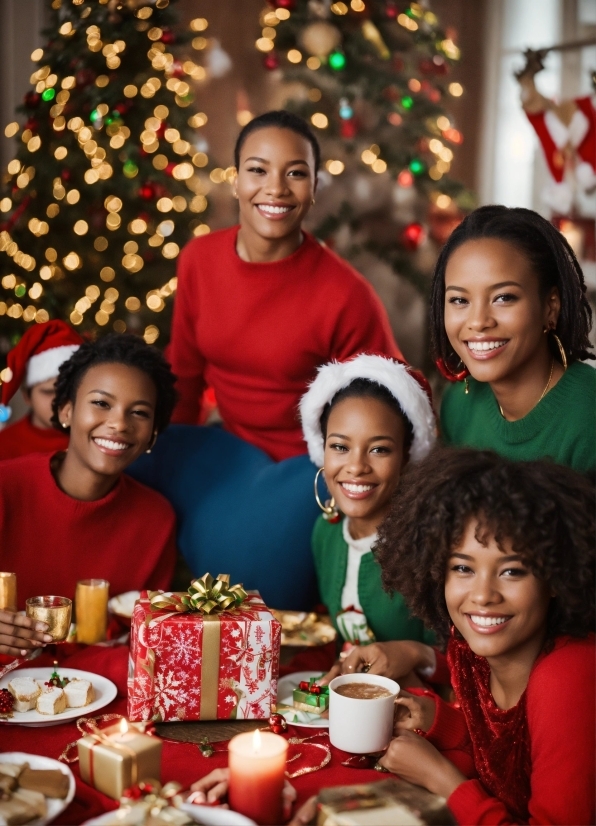 Smile, Christmas Tree, Tableware, Table, Photograph, Facial Expression