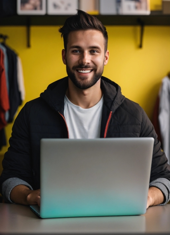 Smile, Computer, Personal Computer, Laptop, Product, Beard