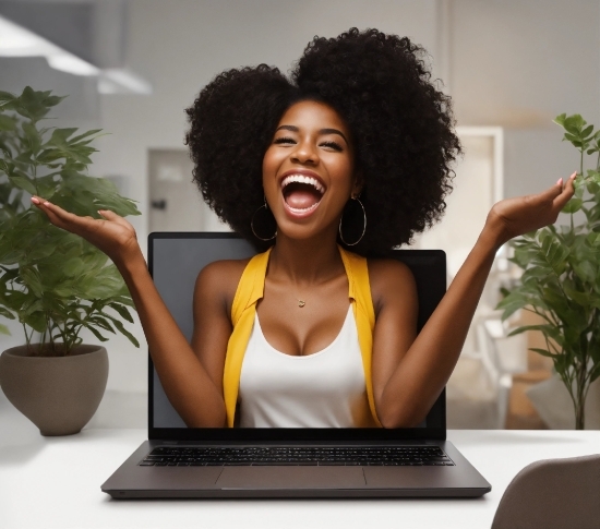 Smile, Plant, Personal Computer, Computer, Hairstyle, Laptop