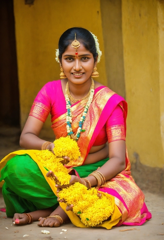 Smile, Sari, Happy, Bangle, Trunk, Flower
