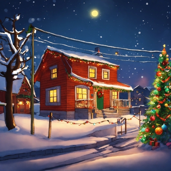 Snow, Christmas Tree, Building, Light, Sky, Moon