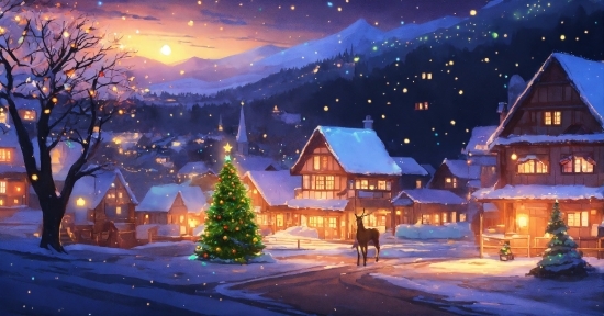 Snow, Christmas Tree, Sky, Building, Light, Nature