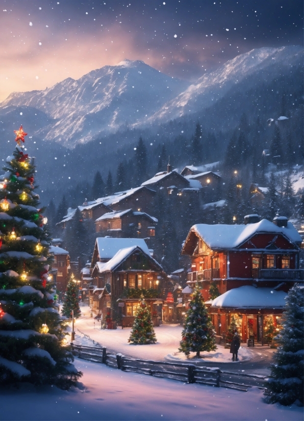 Snow, Mountain, Sky, Light, World, Christmas Tree
