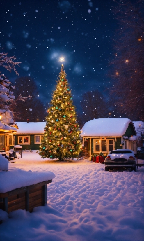 Snow, Sky, Christmas Tree, Building, World, Light