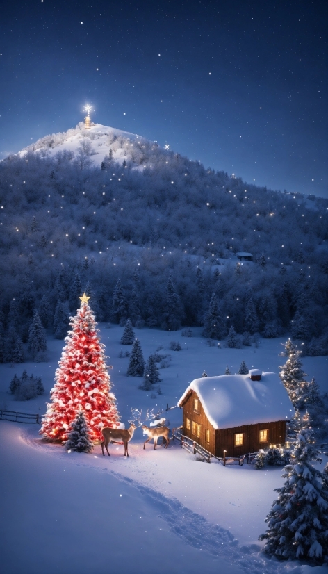 Snow, Sky, Christmas Tree, Light, Mountain, Blue