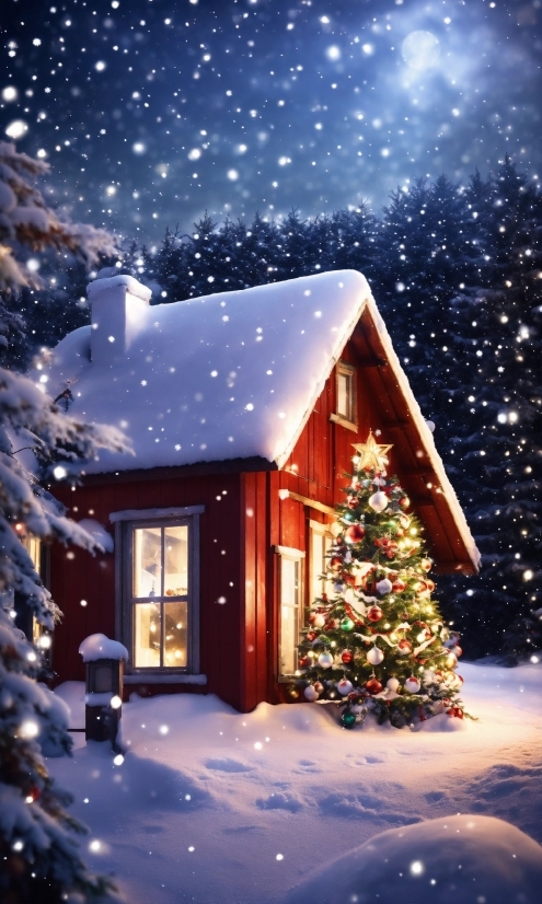 Snow, Sky, Christmas Tree, Light, Plant, Nature