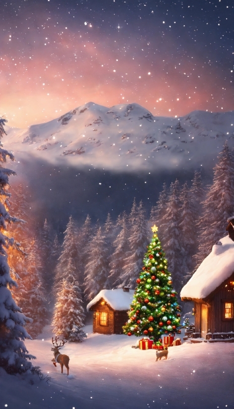 Snow, Sky, Christmas Tree, Mountain, World, Light