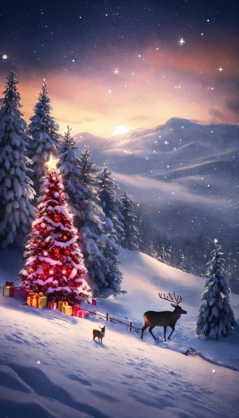 Snow, Sky, Plant, Light, Nature, Christmas Tree