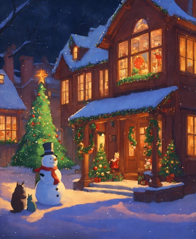 Snowman, Christmas Tree, Snow, Window, Light, Building