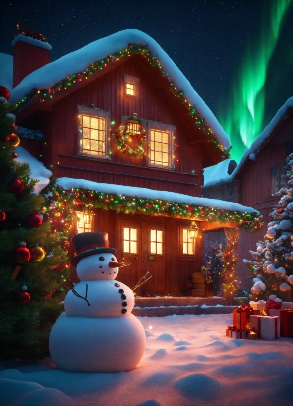 Snowman, Snow, Light, Blue, Window, House