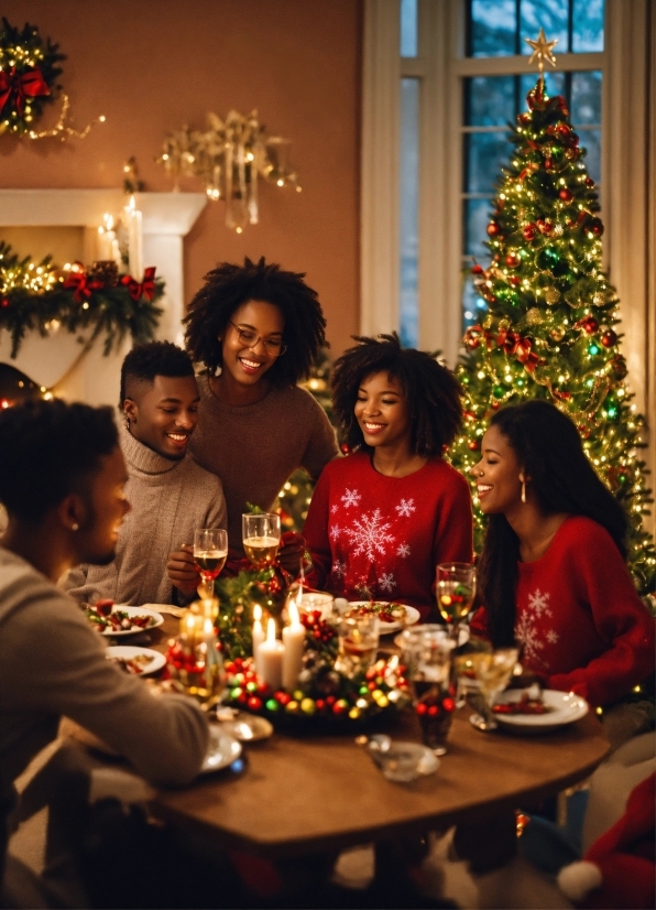 Table, Christmas Tree, Photograph, Smile, Christmas Ornament, Green